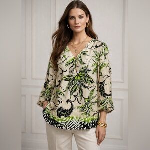 Dark Floral Bohemian Goth Indie  Blouse Black Cream Olive Green Size 0